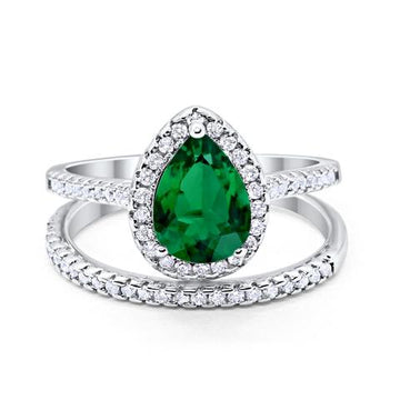 Teardrop Pear Bridal Set Engagement Ring Simulated Green Emerald Cubic Zirconia 925 Sterling Silver